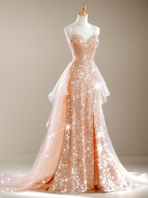 A-line V-neck Sweep Train Dress