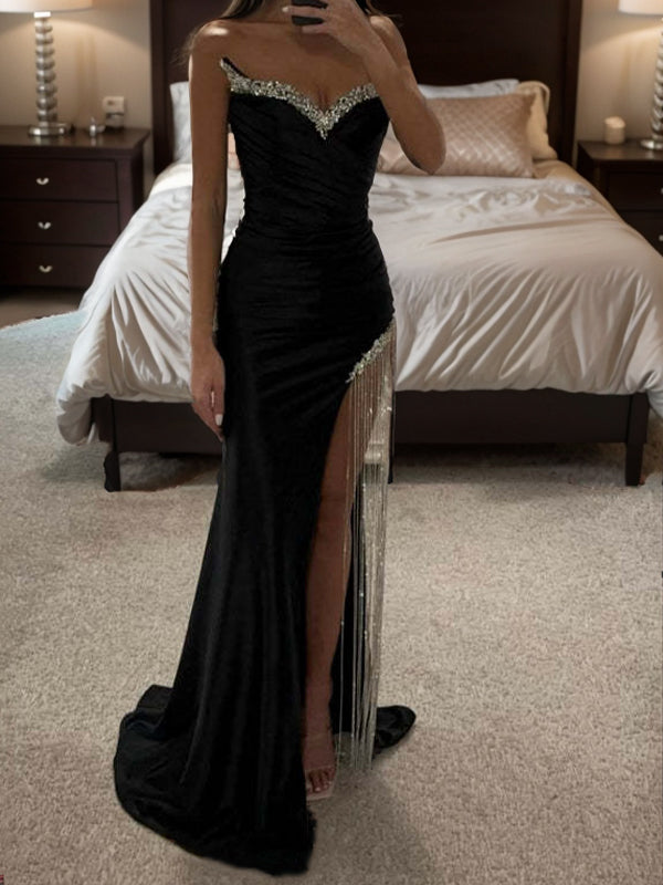Sheath Sweetheart Rhinestone Sweep Train Silk Like Satin Dress