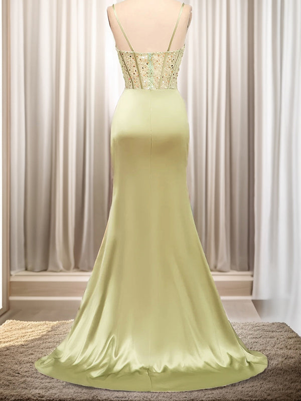 Sheath Spaghetti Straps Pleated Sweep Train Silk like Satin Corset Dress