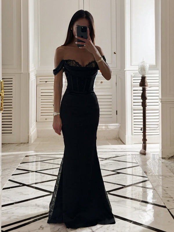 Sheath Off-the-Shoulder Pleated Floor-Length Silk Like Satin Corset Dress