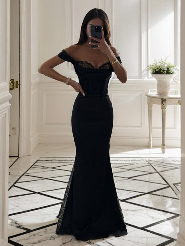 Sheath Off-the-Shoulder Pleated Floor-Length Silk Like Satin Corset Dress