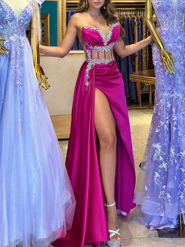 Sheath Sweetheart Rhinestone Sweep Train Satin Corset Dress