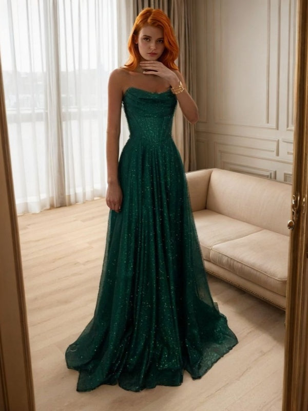 A-line Straight Pleated Sweep Train Corset Dress
