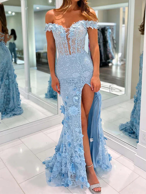 Sheath Off-the-Shoulder Appliques Lace Sweep Train Tulle Corset Dress
