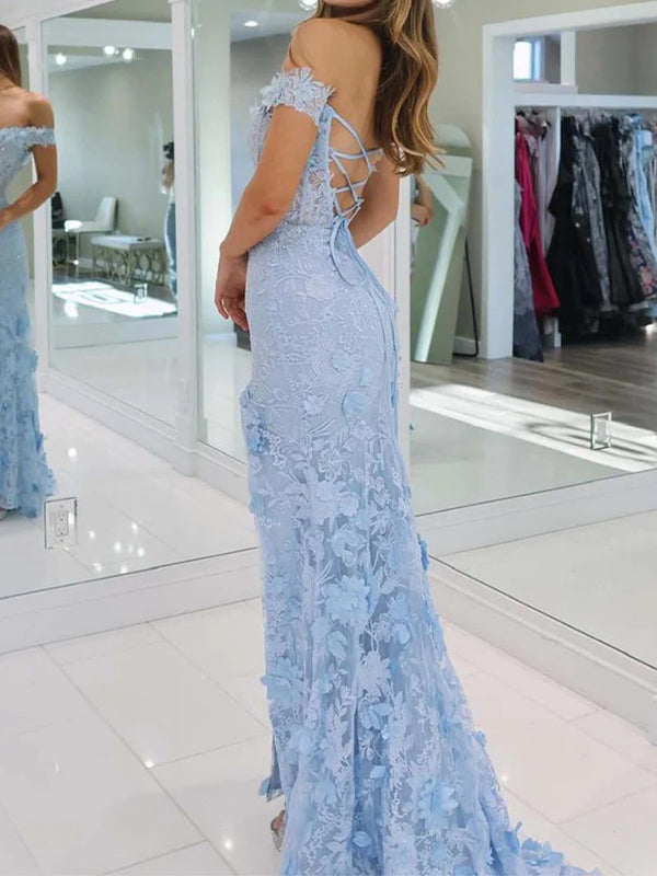 Sheath Off-the-Shoulder Appliques Lace Sweep Train Tulle Corset Dress
