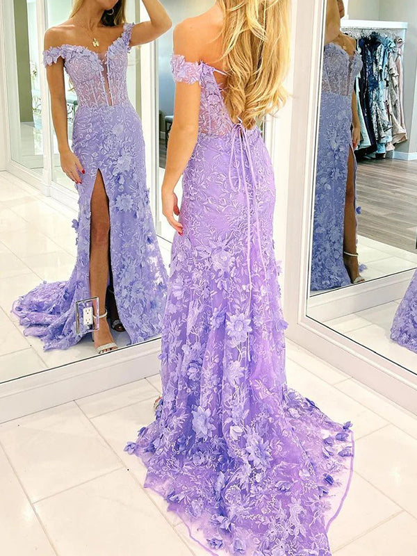 Sheath Off-the-Shoulder Appliques Lace Sweep Train Tulle Corset Dress