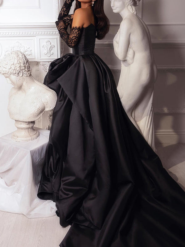 A-line Sweetheart Pleated Chapel Train Satin Dress