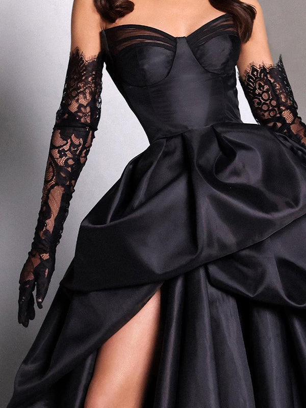 A-line Sweetheart Pleated Chapel Train Satin Dress
