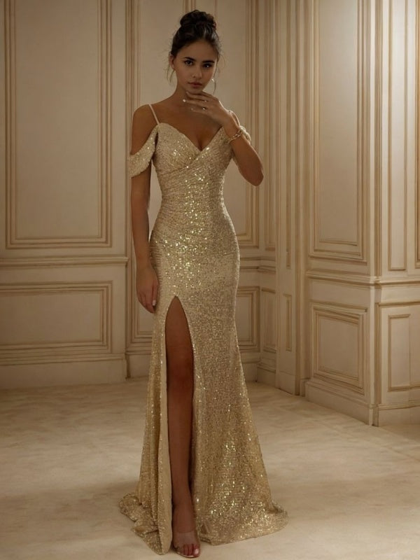 Sheath Cold Shoulder Pleated Floor-Length Dress