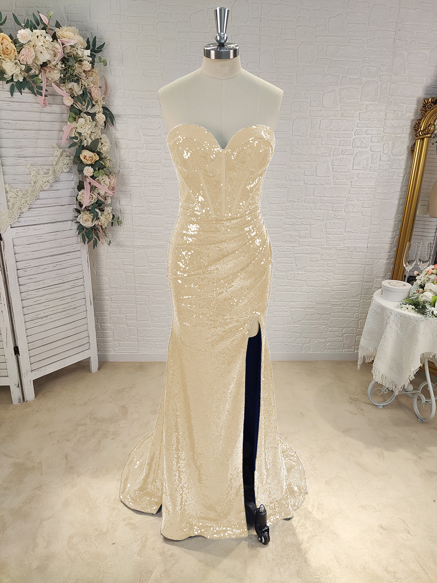 Sheath Sweetheart Pleated Sweep Train Sequins Corset Dress