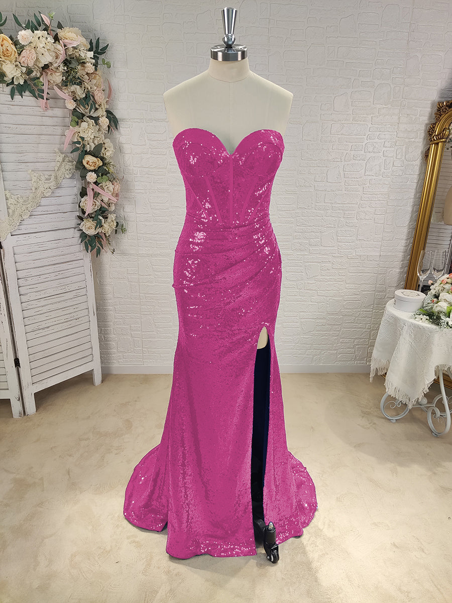 Sheath Sweetheart Pleated Sweep Train Sequins Corset Dress