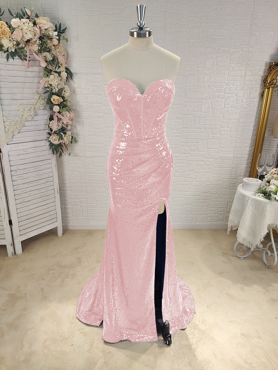 Sheath Sweetheart Pleated Sweep Train Sequins Corset Dress