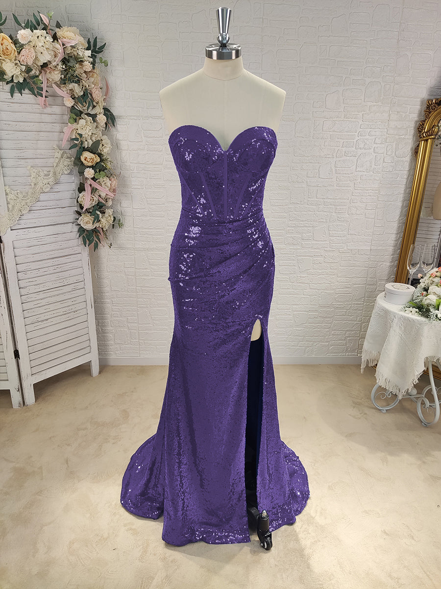 Sheath Sweetheart Pleated Sweep Train Sequins Corset Dress