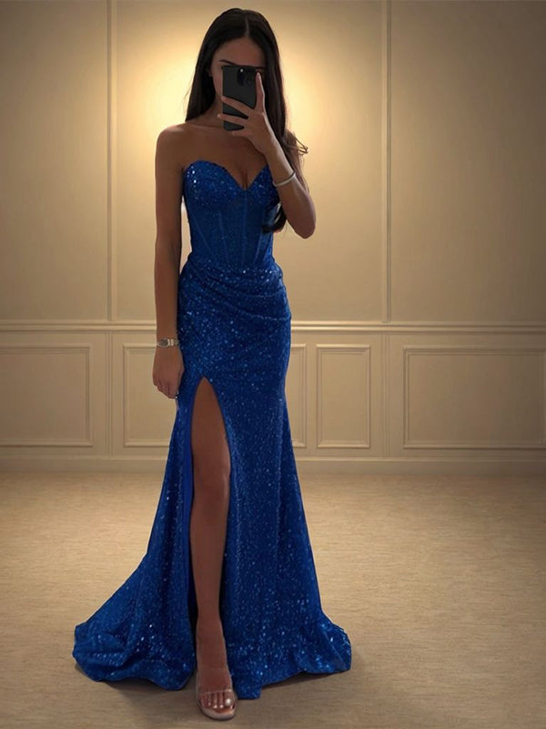 Sheath Sweetheart Pleated Sweep Train Sequins Corset Dress