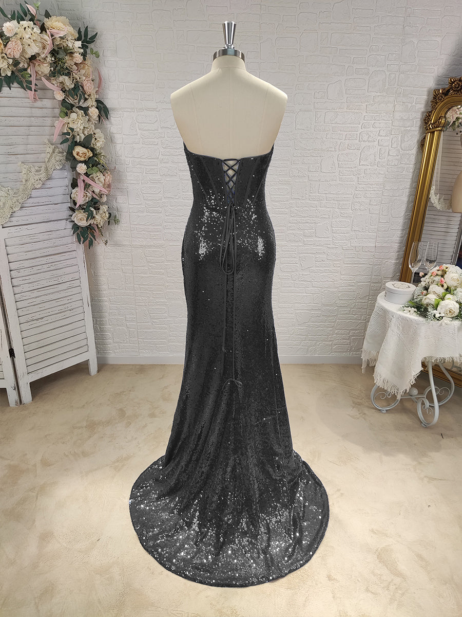 Sheath Sweetheart Pleated Sweep Train Sequins Corset Dress