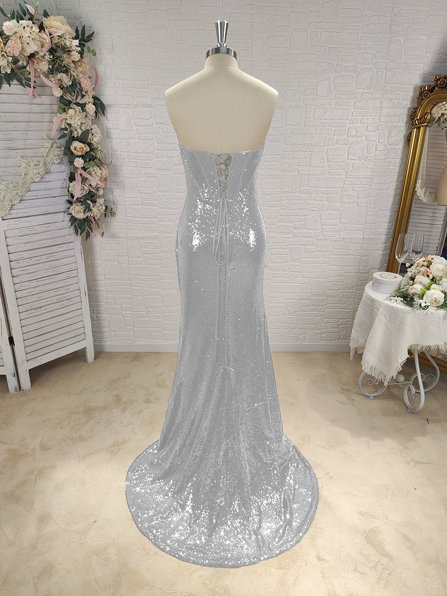 Sheath Sweetheart Pleated Sweep Train Sequins Corset Dress