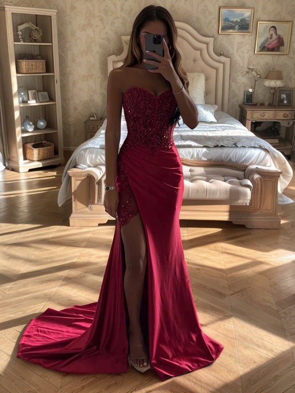Sheath Sweetheart Pleated Court Train Silk Like Satin Dress