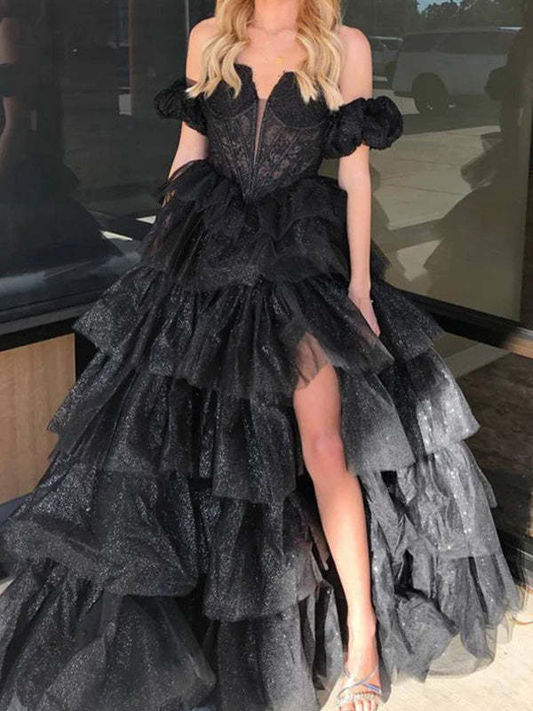 A-line Sweetheart Short Sleeves Appliques Lace Floor-Length Tulle Corset Dress