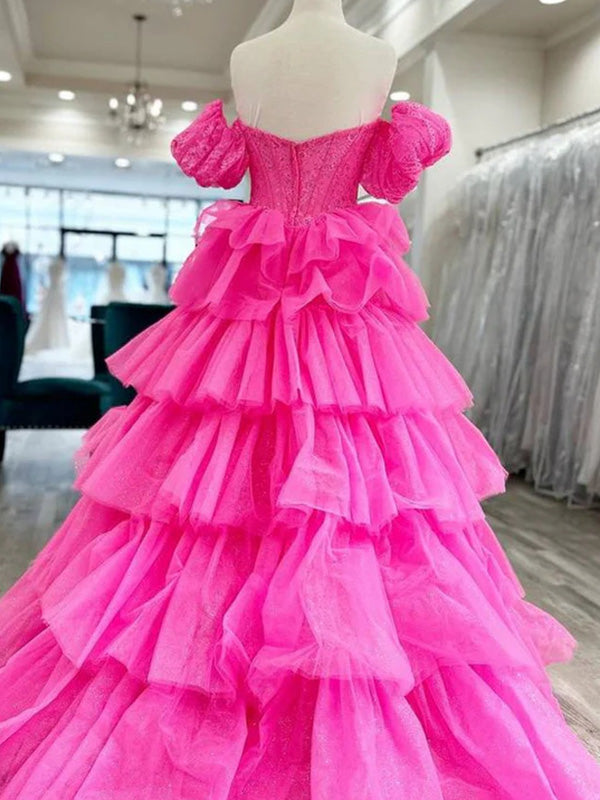 A-line Sweetheart Short Sleeves Appliques Lace Floor-Length Tulle Corset Dress