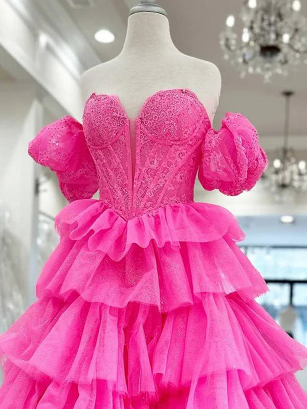 A-line Sweetheart Short Sleeves Appliques Lace Floor-Length Tulle Corset Dress