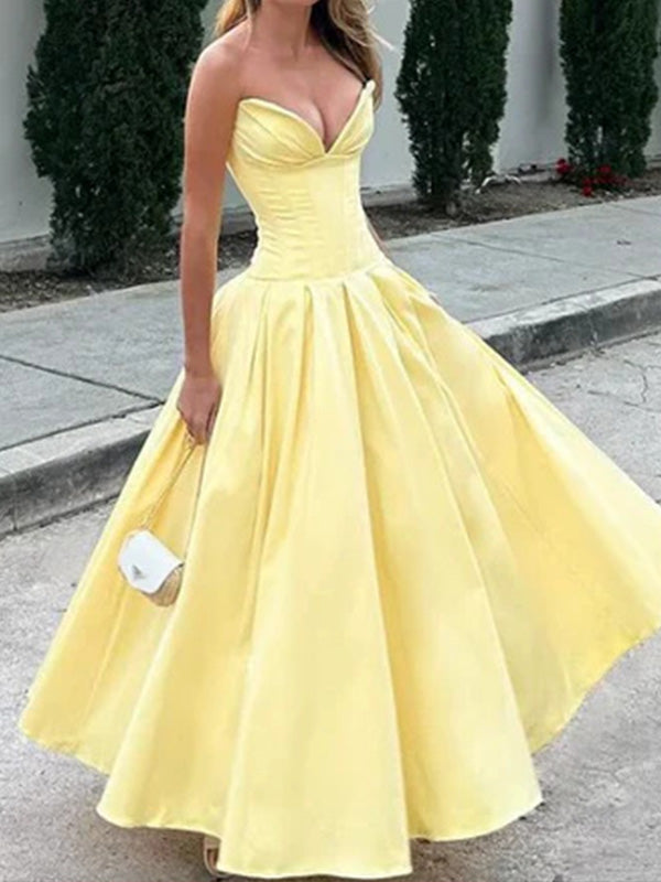 A-line Sweetheart Pleated Ankle-Length Satin Corset Dress