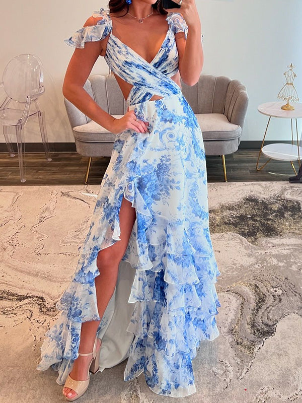 A-line V-neck Ruffles Sweep Train Dress