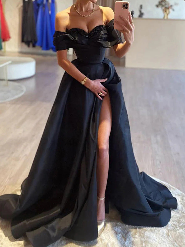 A-line Off-the-Shoulder Pleated Sweep Train Satin Dress