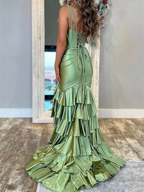 Sheath V-neck Cascading Ruffles Sweep Train Silk Like Satin Corset Dress