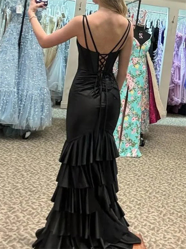 Sheath V-neck Cascading Ruffles Sweep Train Silk Like Satin Corset Dress