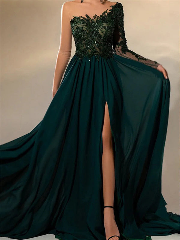 A-line Scoop Long Sleeves Appliques Lace Sweep Train Chiffon Dress