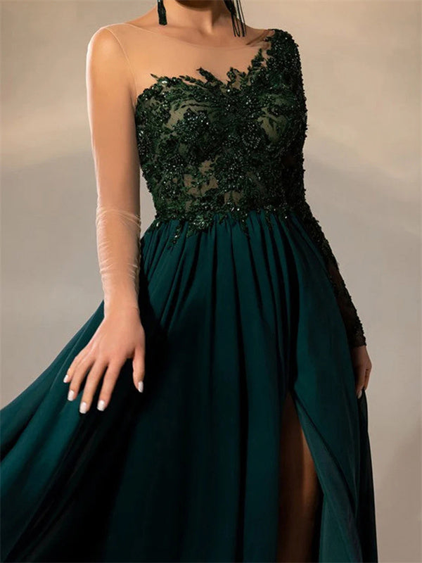 A-line Scoop Long Sleeves Appliques Lace Sweep Train Chiffon Dress
