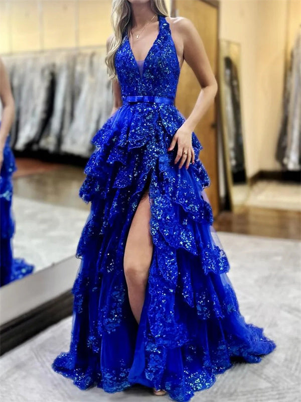 A-line V-neck Cascading Ruffles Sweep Train Tulle Dress