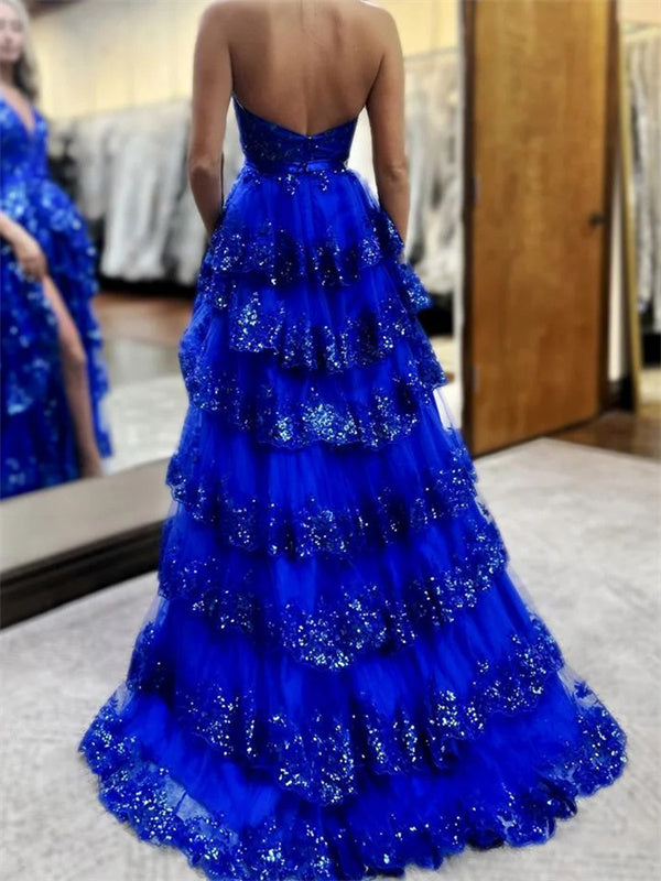 A-line V-neck Cascading Ruffles Sweep Train Tulle Dress