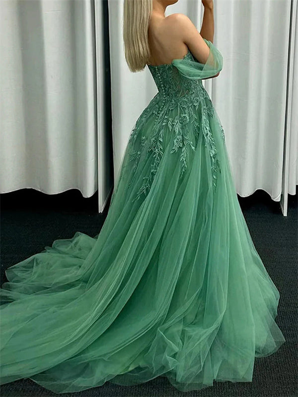 A-line Off-the-Shoulder Appliques Lace Court Train Tulle Corset Dress