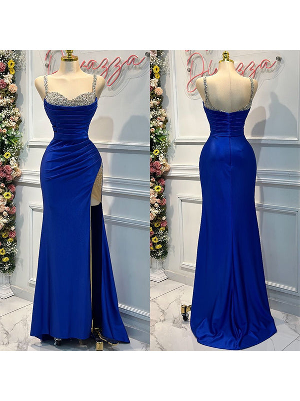 Sheath Straps Pleated Sweep Train Silk Like Satin Dress