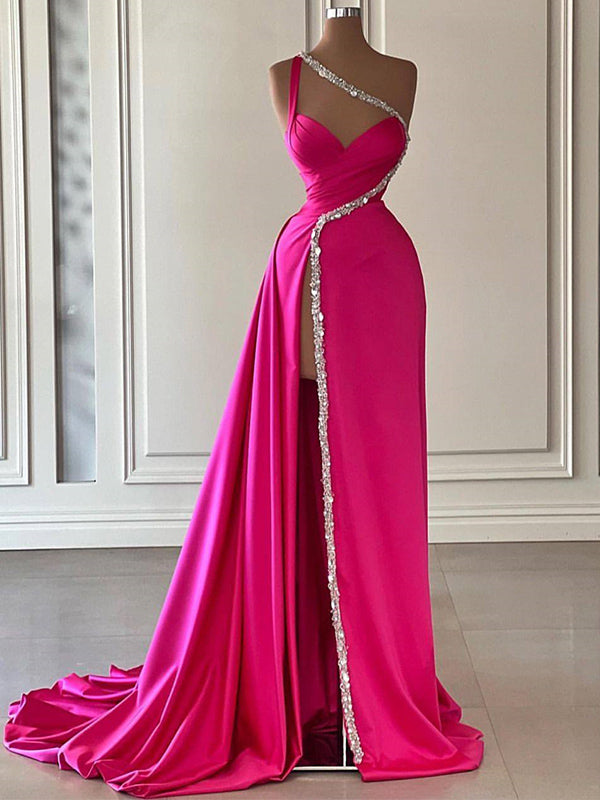 Sheath One-Shoulder Pleated Sweep Train Silk Like Satin Dress