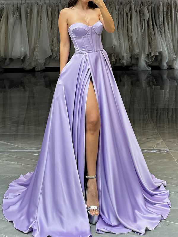 A-line Sweetheart Ruffles Sweep Train Satin Corset Dress