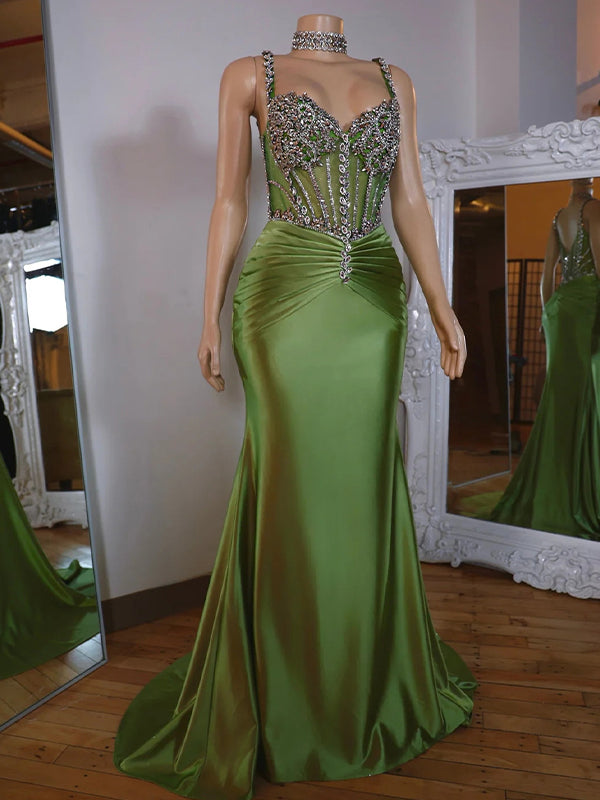 Sheath Straps Rhinestone Sweep Train Silk Like Satin Corset Dress