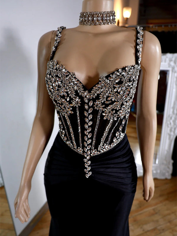 Sheath Straps Rhinestone Sweep Train Silk Like Satin Corset Dress