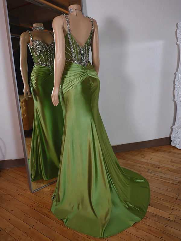 Sheath Straps Rhinestone Sweep Train Silk Like Satin Corset Dress