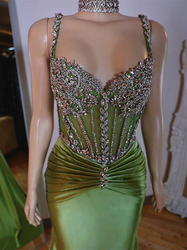Sheath Straps Rhinestone Sweep Train Silk Like Satin Corset Dress