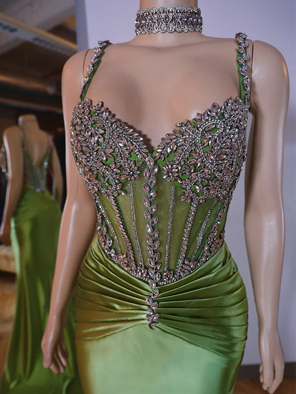 Sheath Straps Rhinestone Sweep Train Silk Like Satin Corset Dress