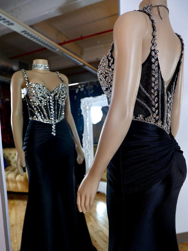 Sheath Straps Rhinestone Sweep Train Silk Like Satin Corset Dress