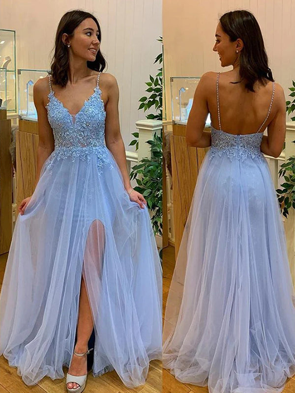 A-line V-neck Appliques Lace Sweep Train Tulle Dress