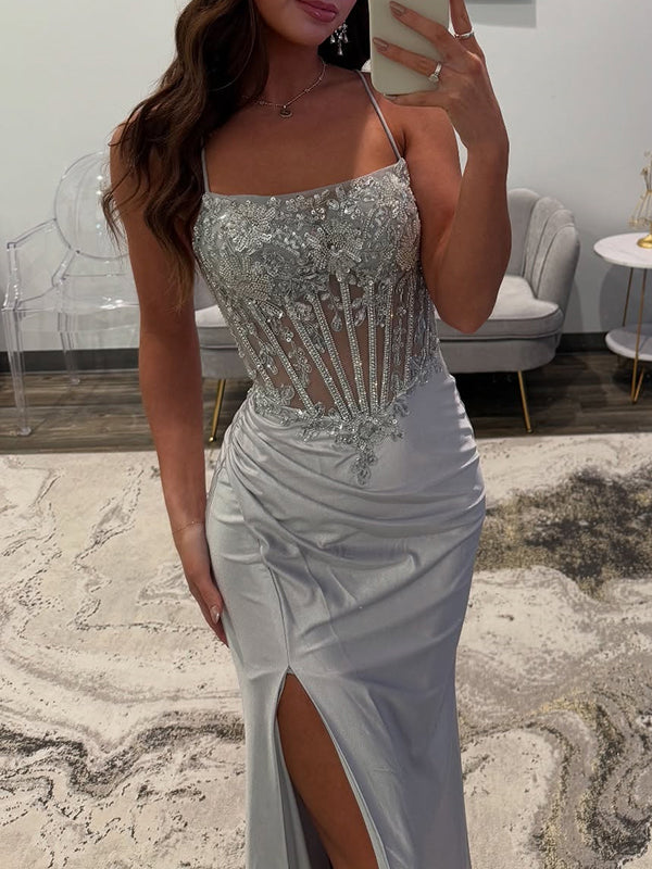 Sheath Spaghetti Straps Pleated Sweep Train Silk Like Satin Corset Dress