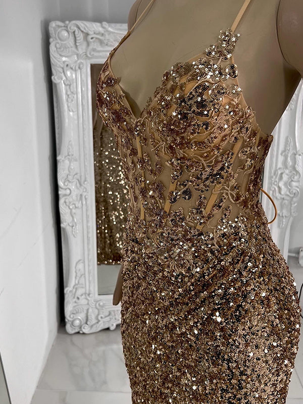 Sheath V-neck Sequin Sweep Train Corset Dress