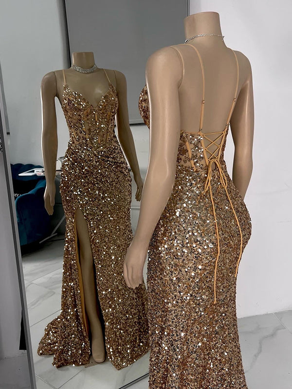 Sheath V-neck Sequin Sweep Train Corset Dress