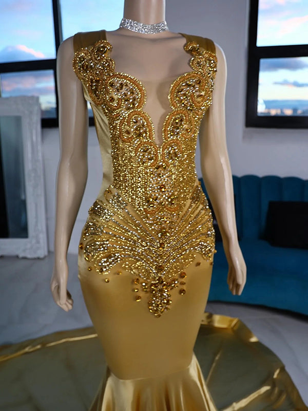 Mermaid Scoop Rhinestone Chapel Train Metallic Satin Dress