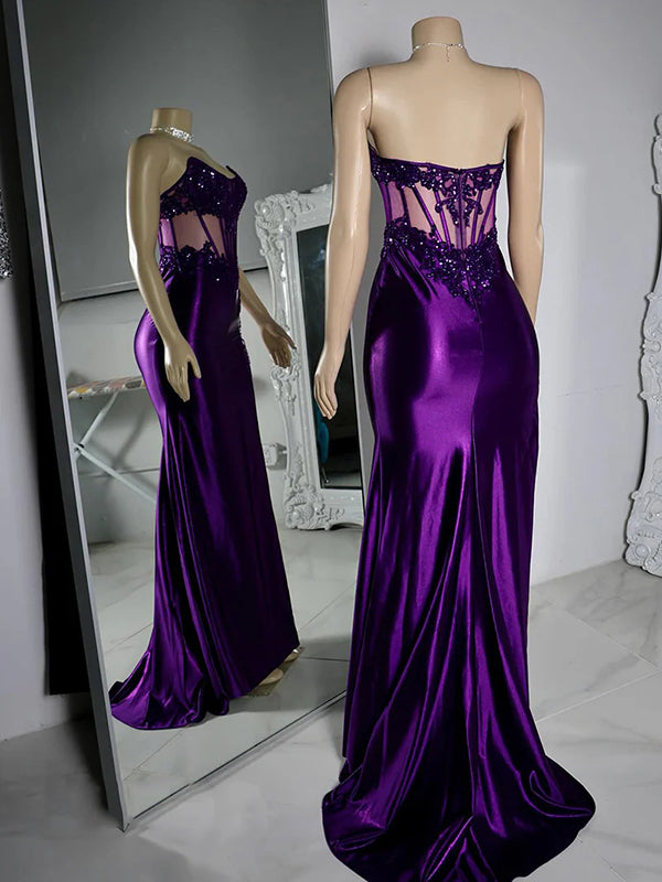 Sheath Straight Appliques Lace Sweep Train Silk Like Satin Corset Dress