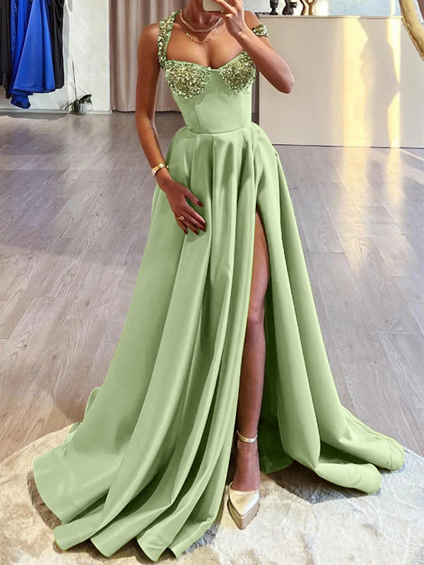 A-line Straps Sequin Sweep Train Satin Dress
